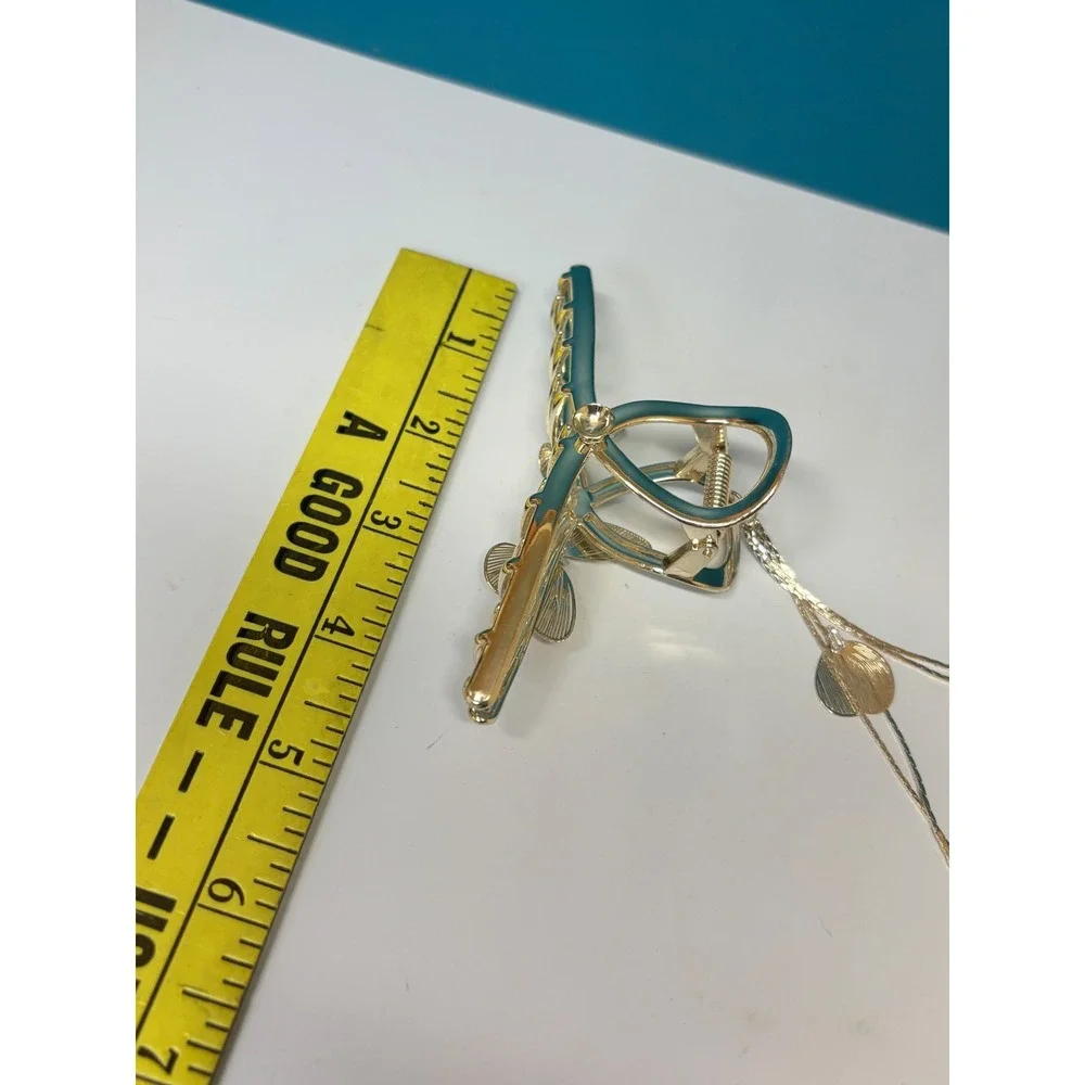 Gold Butterfly Hair Claw Clip Teal Enamel Rhinestone Dangle Tassel